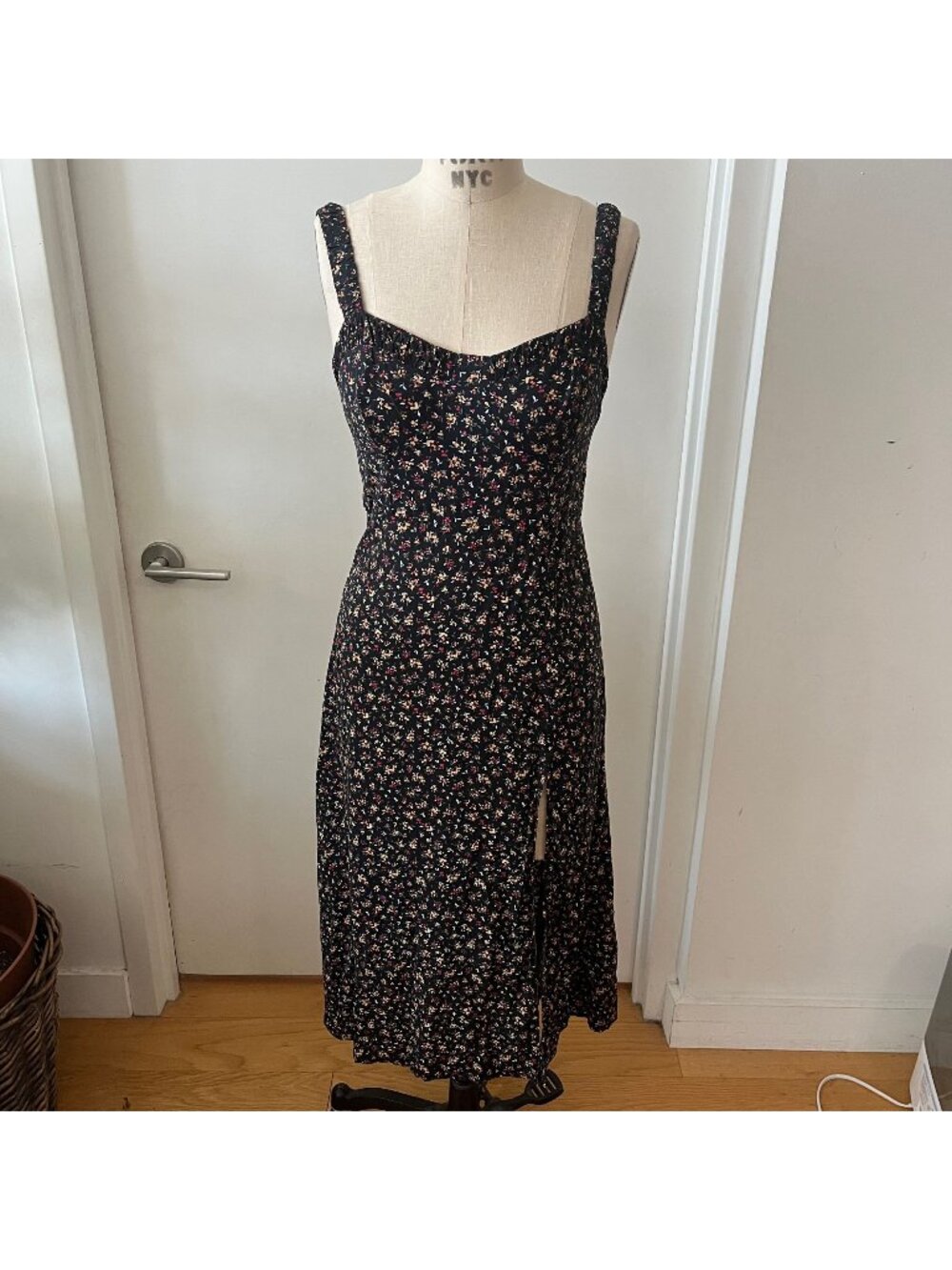 ZARA Black Ditzy Floral Midi Dress‎ with Front Slit Size Medium